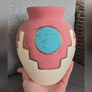 Kopa Southwestern Arizona Painted Pottery Jar Vintage 22k Gold Trim Turquoise
